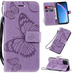 Étui en cuir PU avec motif de papillon pressé et impression horizontale avec fentes pour cartes et porte-cartes et portefeuille et lanière pour iPhone 11 Pro (violet)