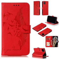 Étui en cuir à rabat horizontal avec motif de plume et texture litchi avec emplacements pour portefeuille et porte-cartes pour iPhone 11 Pro (rouge)
