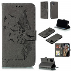 Etui en cuir à rabat horizontal avec motif de plume et texture litchi avec emplacements pour portefeuille et porte-cartes pour iPhone 11 Pro (Gris)