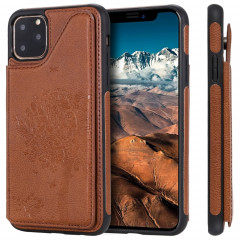 Pour iPhone 11 Pro Max Arbre à chat Motif gravé en relief Étui de protection antichoc avec fentes pour cartes et cadre photo (Marron)