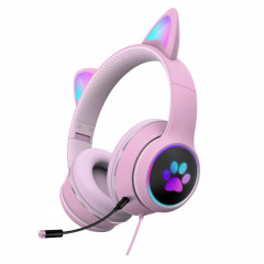 AKZ-022 USB + 3.5mm Port Cat Design Casque à LED pliable avec MIC (rose)