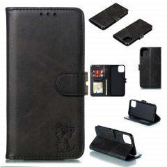Pattre de chat heureux en relief avec support de cuir horizontal avec porte-carte et portefeuille pour iPhone 13 mini (noir)