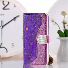 Poudre de paillettes laser assorti de texture de crocodile Texture horizontale texture horizontale étui en cuir avec des machines à sous cartes et portefeuille et portefeuille pour iPhone 13 Pro (violet)