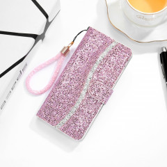 Étui de cuir horizontal de poudre de paillettes avec des machines à sous cartes et de lanières pour iPhone 13 (rose)