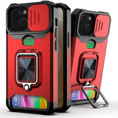 Cover Caméra coulissant Design PC + TPU Case antichoc avec porte-bague et emplacement de carte pour iPhone 13 mini (rouge)