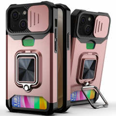 Cover Caméra coulissant Design PC + TPU Case antichoc avec porte-bague et emplacement de carte pour iPhone 13 mini (or rose)