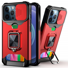 Cover Caméra coulissant Design PC + TPU Case antichoc avec porte-bague et emplacement de carte pour iPhone 13 Pro (rouge)