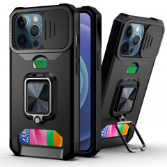Cover Caméra coulissant Design PC + TPU Case antichoc avec porte-bague et emplacement de carte pour iPhone 13 Pro (Noir)