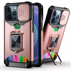 Coque de caméra coulissante design PC + TPU Case antichoc avec porte-bagues et emplacement de carte pour iPhone 13 Pro (Rose Gold)