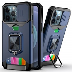 Cover Caméra coulissant Design PC + TPU Case antichoc avec porte-bague et emplacement de carte pour iPhone 13 Pro (Bleu)