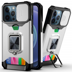 Cover Caméra coulissant Design PC + TPU Case antichoc avec porte-bague et emplacement de carte pour iPhone 13 Pro (argent)