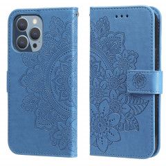 Fleurs 7-Pétales Motif de gaufrage Horizontal Flip PU Coque en cuir PU avec support et carte de portefeuille et cadre de portefeuille et photo pour iPhone 13 Pro (Bleu)