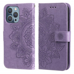 Fleurs 7-Pétales Motif de gaufrage Horizontal Flip PU Housse en cuir PU avec support et carte de portefeuille et cadre de portefeuille et photo pour iPhone 13 Pro (Violet léger)