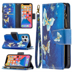 Dessin de couleur Modèle à fermeture éclair Horizontal Horizontal Flip Coating avec porte-carte et portefeuille pour iPhone 13 Pro (Butterfly d'or)