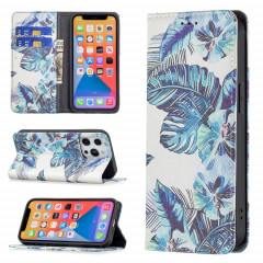 Motif de dessin coloré Invisible Magnétique Horizontal Flip PU Coque en cuir PU avec support et carte de portefeuille et portefeuille pour iPhone 13 mini (feuilles bleues)