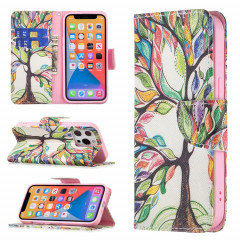 Modèle de dessin coloré Horizontal Flip Cuir Case avec porte-cartes et portefeuille pour iPhone 13 Pro (arbre de vie)