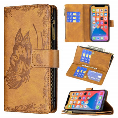 Boîtier de gaufrage de papillon volant Zipper Horizontal Flip Cuir Toot avec porte-cartes et portefeuille pour iPhone 13 PRO (Brown)