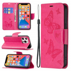 Embossage Deux Papillons Motif Horizontal Flip PU Housse en cuir PU avec support et portefeuille et portefeuille et longe pour iPhone 13 mini (Rose Rouge)
