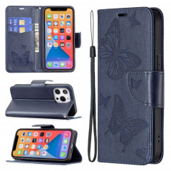 Embossing Deux Papillons Motif Horizontal Flip PU Housse en cuir PU avec support et portefeuille et portefeuille et longe pour iPhone 13 (bleu)