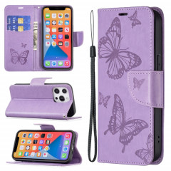 Embossing Deux Butterflies Motif Horizontal Flip PU Housse en cuir PU avec support et porte-cartes et portefeuille et longe pour iPhone 13 Pro (violet)