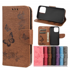Motif floral en relief millésime Horizontal Flip Cuir étui avec fente et portefeuille et portefeuille et longe pour iPhone 13 Pro (Brown)