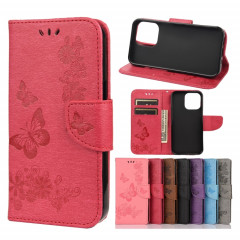 Modèle de papillon floral en relief vintage Horizontal Horizontal Toam Coating avec fente et portefeuille et portefeuille et longe pour iPhone 13 Pro (rouge)