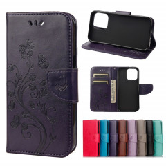 Pochette de fleurs de papillon Horizontal Flip Cuir Toot avec porte-carte et portefeuille pour iPhone 13 Mini (violet profond)
