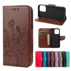 Pochette de fleurs de papillon Horizontal Flip Cuir Coffret avec porte-carte et portefeuille pour iPhone 13 (Brown)