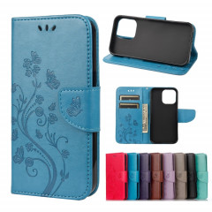 Modèle de fleurs papillon Horizontal Flip Cuir Toot avec porte-cartes et portefeuille pour iPhone 13 (bleu)