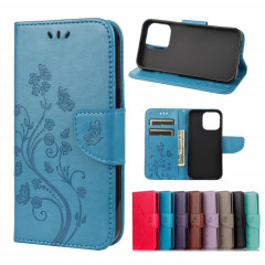 Modèle de fleur papillon Horizontal Flip Cuir Toot avec porte-carte et portefeuille pour iPhone 13 Pro (Bleu)