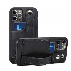 TPU + étui de protection antichoc sur le cuir PU avec des fentes pour cartes et une sangle à main pour iPhone 13 (noir)