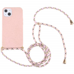 Matériau de paille de blé + TPU Case antichoc avec lanière à cou pour iPhone 13 mini (rose)