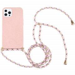 Matériau de paille de blé + TPU Case antichoc avec lanière à cou pour iPhone 13 Pro (rose)