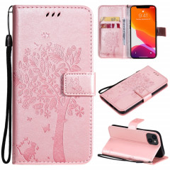 Tree & Cat motif pressé Impression Horizontale Flip PU Coque en cuir PU avec support et carte de portefeuille et portefeuille et longe pour iPhone 13 (or rose)