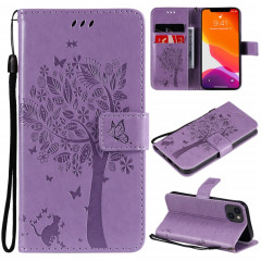 Modèle d'arbres et de chat imprimé imprimé horizontal Flip PU étui en cuir PU avec porte-carte et portefeuille et lanière pour iPhone 13 (violet clair)