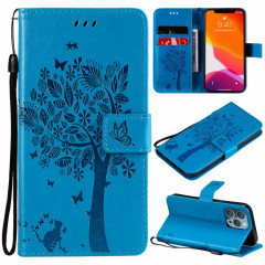 Modèle d'arbres et de chat imprimé imprimé horizontal case en cuir PU avec support et portefeuille de cartes et portefeuille et longe pour iPhone 13 Pro (Bleu)