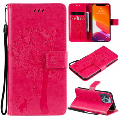 Modèle d'arbre et de chat imprimé imprimé horizontal horizontal case en cuir PU avec support et carte de portefeuille et portefeuille et longe pour iPhone 13 Pro (Rose Rouge)