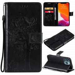 Tree et chat motif pressé Impression Horizontale Flip PU Housse en cuir PU avec support & carte Slots & Portefeuille et longe pour iPhone 13 PRO (Noir)