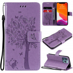 Tree et chat motif pressé Impression Horizontale Flip PU Coque en cuir PU avec support & carte Slots & Portefeuille et longe pour iPhone 13 Pro (Violet léger)