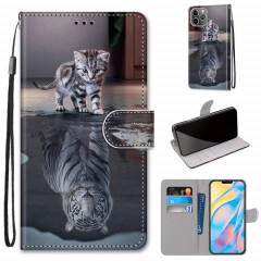 Dessin coloré Texture Croix Texture Horizontale Étui en cuir PU avec support & carte Slots & Portefeuille et longe pour iPhone 13 Pro (chat devient tigre)