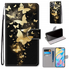 Dessin coloré Texture Croix Texture Horizontale Boîtier en cuir PU avec porte-carte et portefeuille et lanière pour iPhone 13 Pro (groupe de papillons d'or)