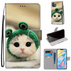 Dessin coloré Texture Texture Horizontale Flip PU Coque en cuir PU avec porte-carte et portefeuille et lanière pour iPhone 13 Pro (grenouille chaton)