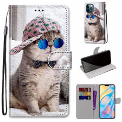 Dessin coloré Texture Croix Texture Horizontale Étui en cuir PU avec porte-carte et portefeuille et portefeuille pour iPhone 13 Pro (chapeau bleu miroir bleu chat)