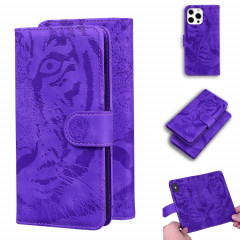 Modèle de gaufrage de tigre Horizontal Flip Cuir Toot avec support & carte Slots & Portefeuille pour iPhone 13 Pro (violet)