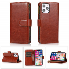 Étui de cuir horizontal de texture de texture de chevaux follement multifonctionnel avec une machine à galets et portefeuille et longe à glissière pour iPhone 13 Pro (Brown)