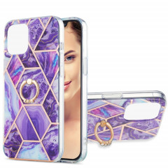 Épissage de galvanoplastie Motif de marbre Dual-côté IMD TPU Case antichoc avec porte-bague pour iPhone 13 (violet foncé)