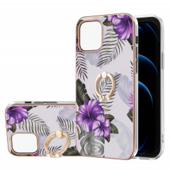 Motif de galvanoplastie IMD TPU Case antichoc avec support d'anneau de strass pour iPhone 13 mini (fleur violet)