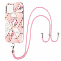 Épissage de galvanoplastie Modèle de fleur de marbre TPU Case antichoc avec longe pour iPhone 13 (fleur rose)