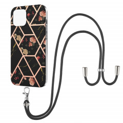 Épisseur de galvanoplastie Motif de fleur de marbre TPU Case antichoc avec longe pour iPhone 13 Pro (fleur noire)