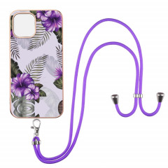 Motif de galvanoplastie IMD TPU Case antichoc avec lanière à col pour iPhone 13 (fleur violet)